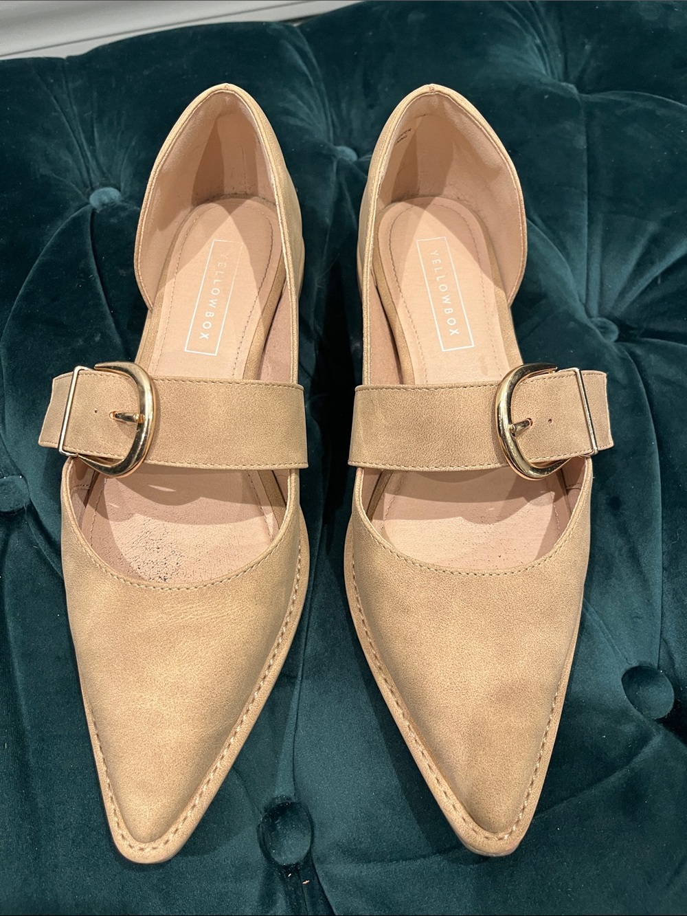 Yellow Box Women's Beige Pointed Mary Jane Flats with Gold Buckle and Rubber Sol